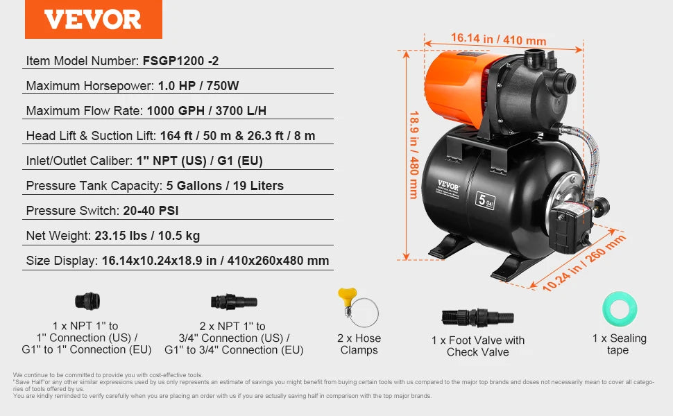 SucceBuy 1 HP Shallow Well Pump with Pressure Tank 1000 GPH 5 Gallon Tank Automatic Irrigation Water Booster Pump for Home Garden
