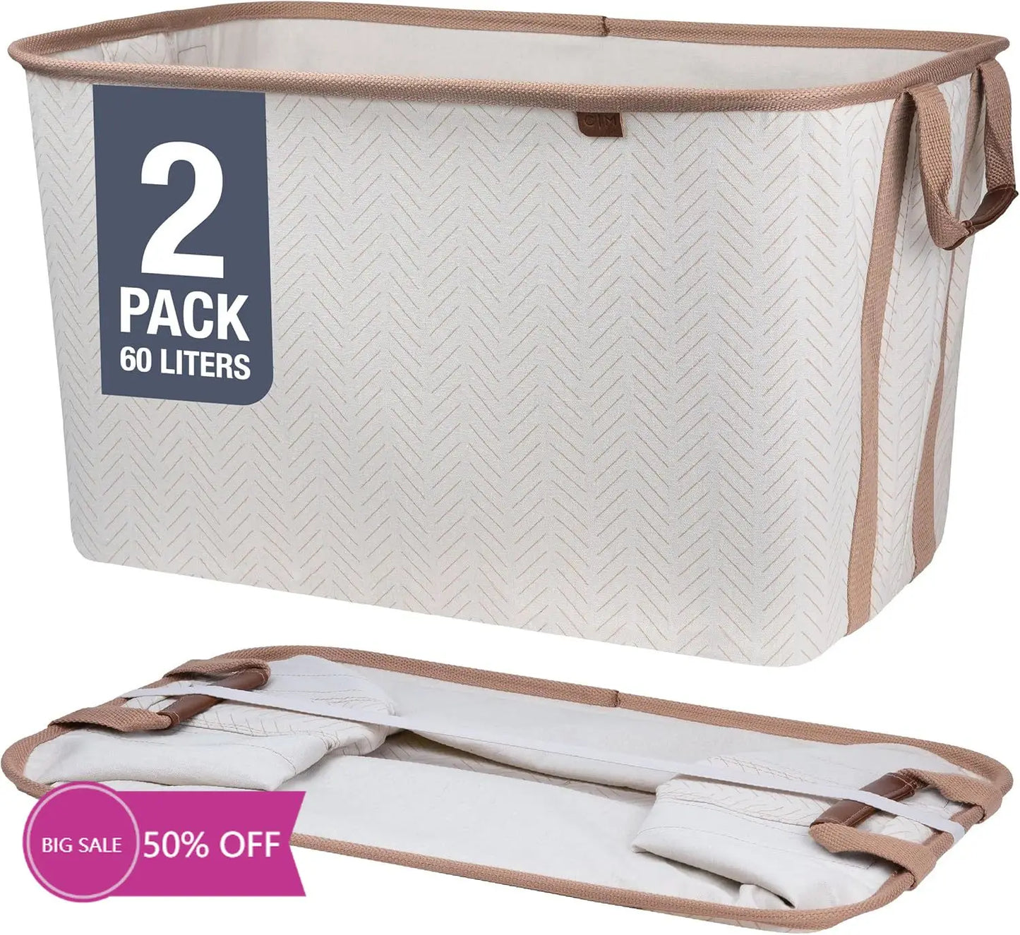 Collapsible Laundry Basket Hamper LUXE Cream Herri 2 Pack 60L Space Saving Storage Organizer with Handles Foldable Home