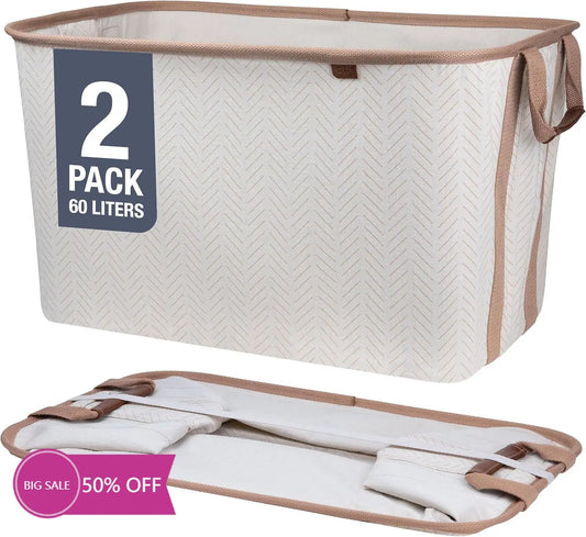 Collapsible Laundry Basket Hamper LUXE Cream Herri 2 Pack 60L Space Saving Storage Organizer with Handles Foldable Home