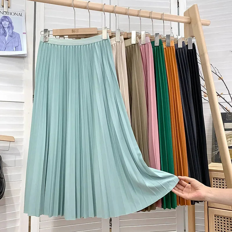 2025 Women Elegant Pleated Skirt High Waist Women Mid-long Skirt Female Ladies High Quality Women Midi Skirt Black Saia