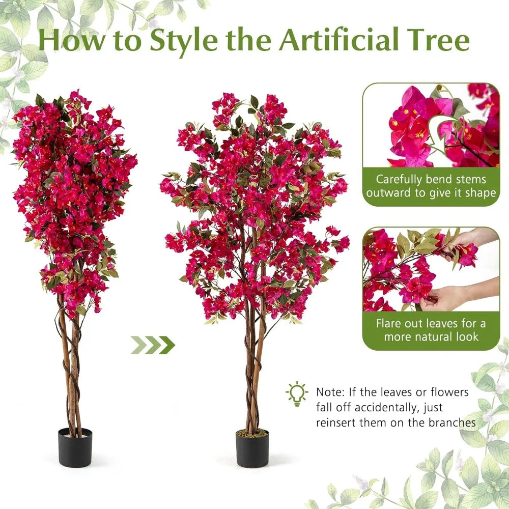 6-Foot Bougainvillea Artificial Trees, Set of 2 with 910 Flowers and 105 Leaves, Real Wood Trunk, Tall Faux Flower Trees in Pot