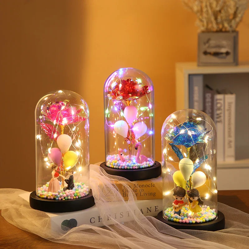 Valentine's Day Artificial Flower 24k Gold Foil Eternal Rose In Glass With Lights Decor For Home Birthday Gift Mother's Day Gift