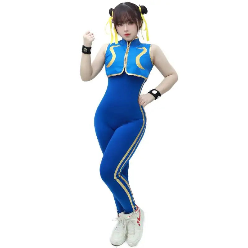 Dazcos Chun Li Cosplay Costume Women's Blue Cheongsam Halloween Fighter Bodysuit with Bracelet and Hair Ties