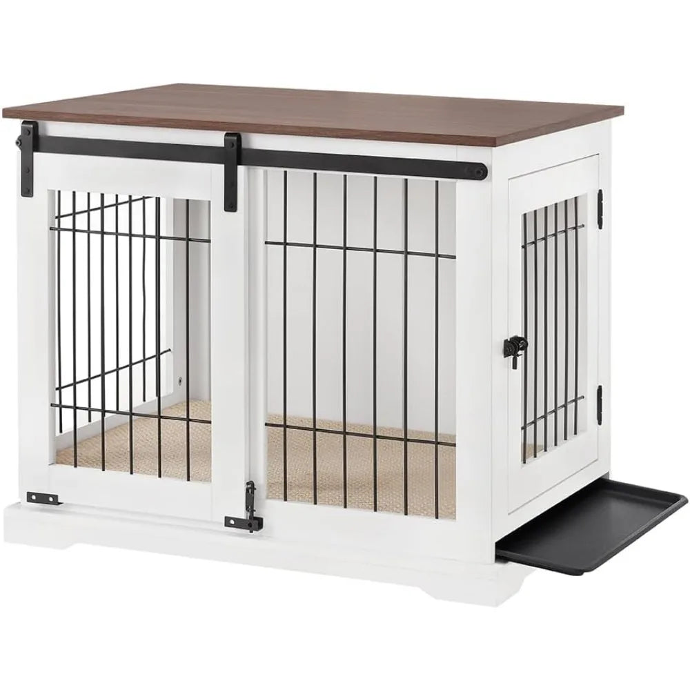 Dog Crate Furniture With Sliding Barn Door Stylish Double Doors Wooden Kennel With Tray And Cushion Decorative Indoor Pet House