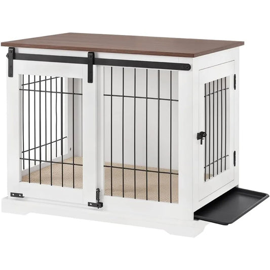 Dog Crate Furniture With Sliding Barn Door Stylish Double Doors Wooden Kennel With Tray And Cushion Decorative Indoor Pet House