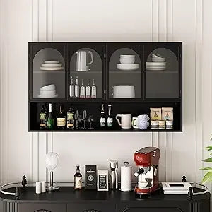 Large Kitchen Wall Storage Cabinet White Upper Cabinet Mounted Cabinet with Arched Glass Doors and Shelf for Kitchen and Living