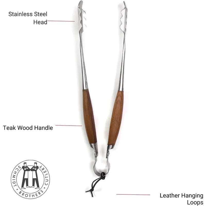 Schmidt Brothers BBQ Bonded Teak 4 Piece Grilling Accessory Set Full Forged Stainless Steel Grilling Utensils