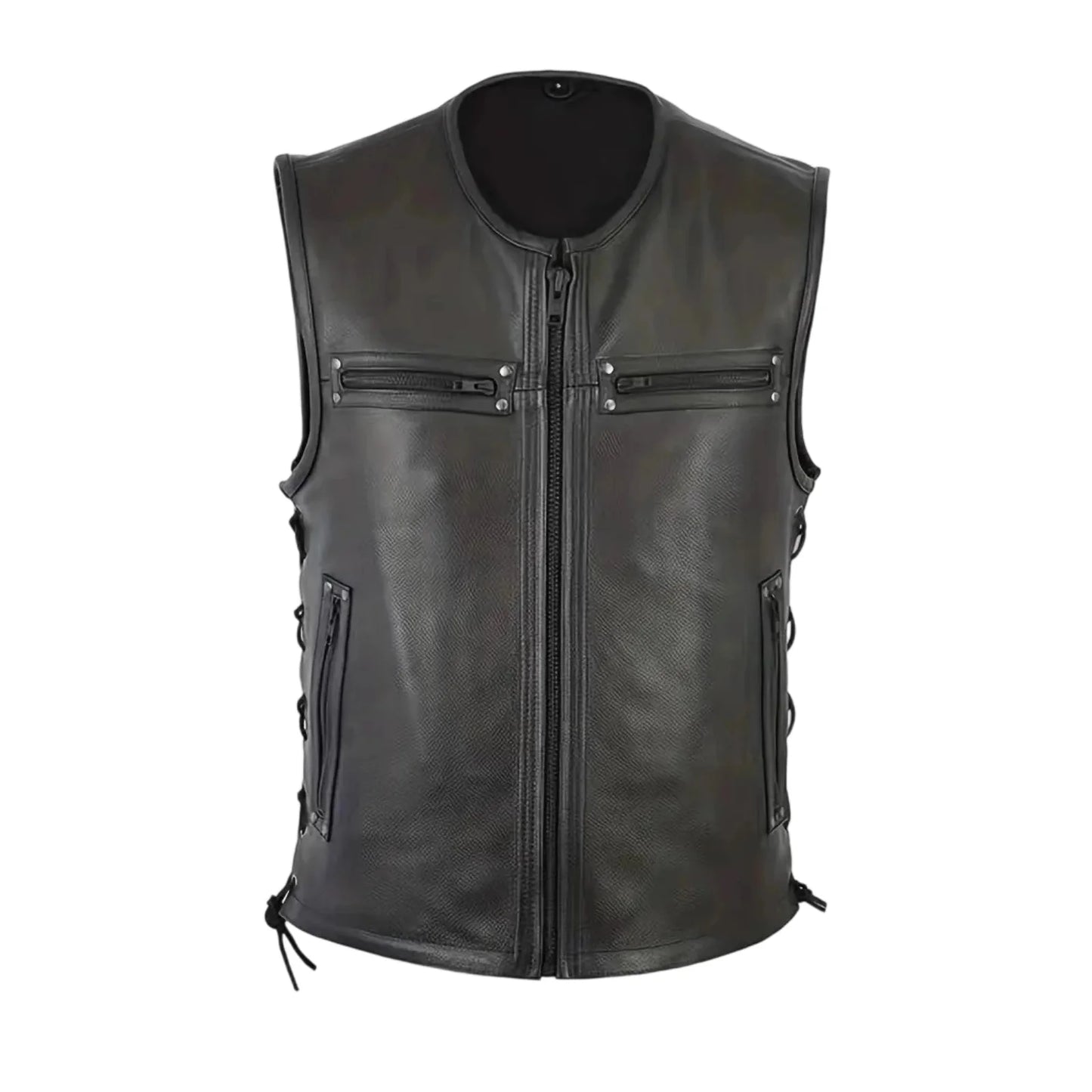 Stylish Men s Biker Vest in Genuine Leather with Multiple Pockets and Zipper Closure for a Trendy Sleeveless Look