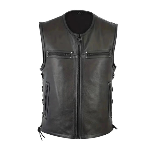 Stylish Men s Biker Vest in Genuine Leather with Multiple Pockets and Zipper Closure for a Trendy Sleeveless Look
