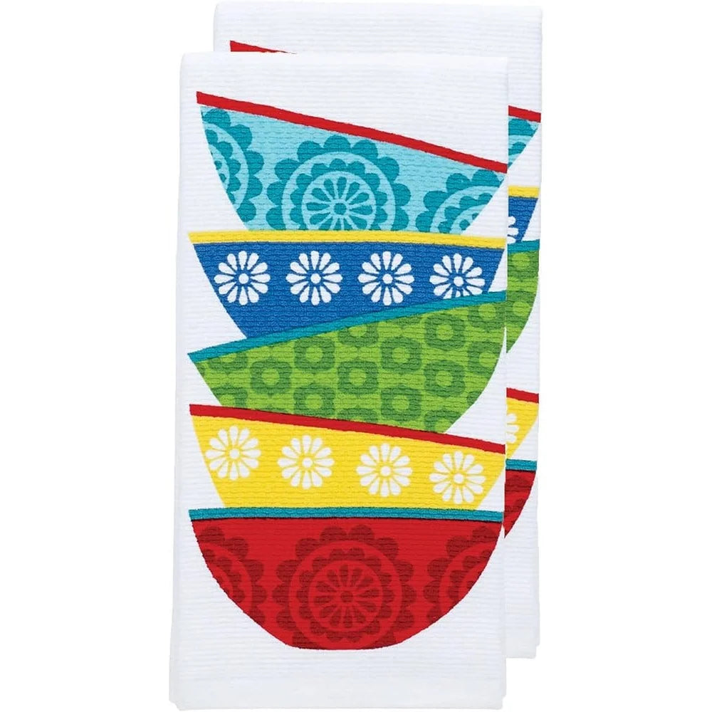 Double Sided Print Woven Cotton Kitchen Dish Towel Set 2-pack Lint-Free Absorbent Soft Machine Washable 16x26 Inch