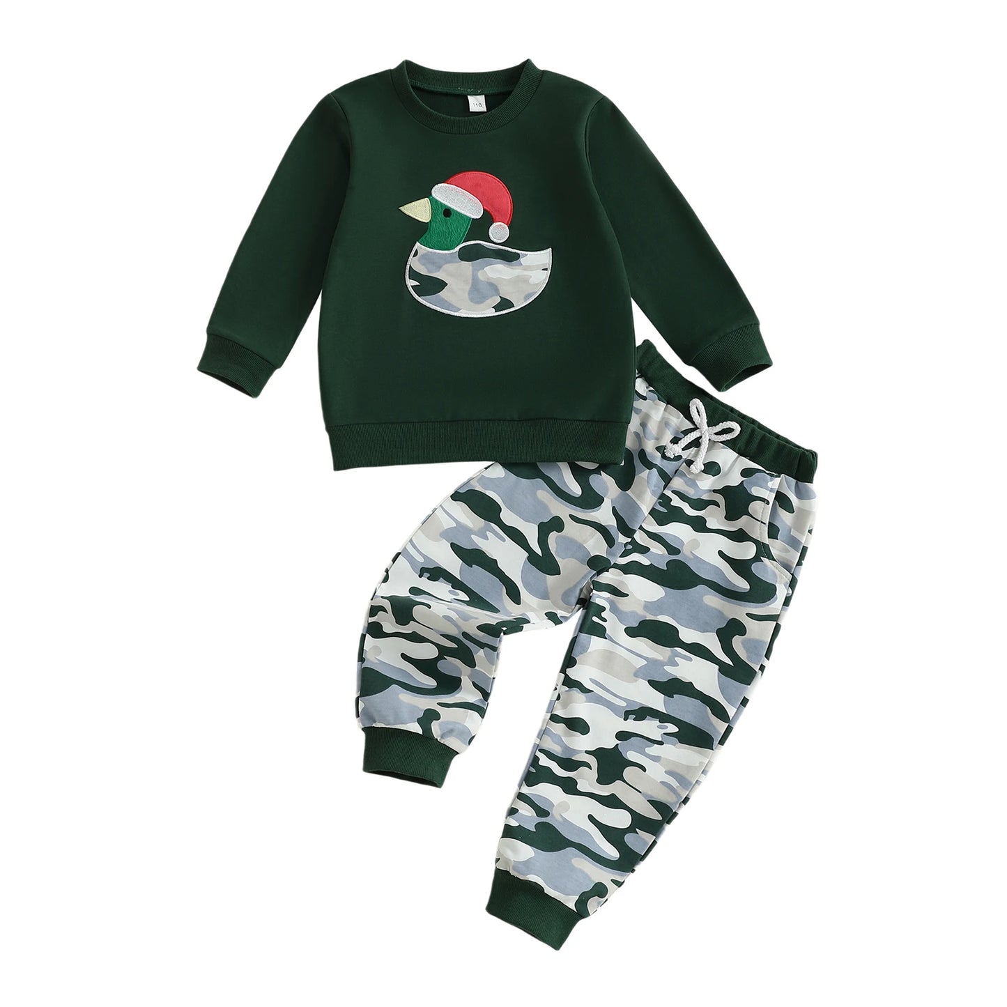 Infant Boys 2-Piece Outfit Set with Festive Duck Embroidery Sweater and Camo Pants for Christmas Celebrations