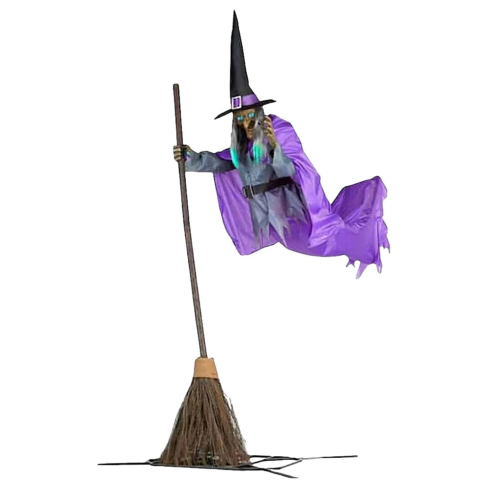 Flying Witch Decoration with Scary Sounds and Lights Halloween Props Broom Prop for Garden Yard Lawn Indoor