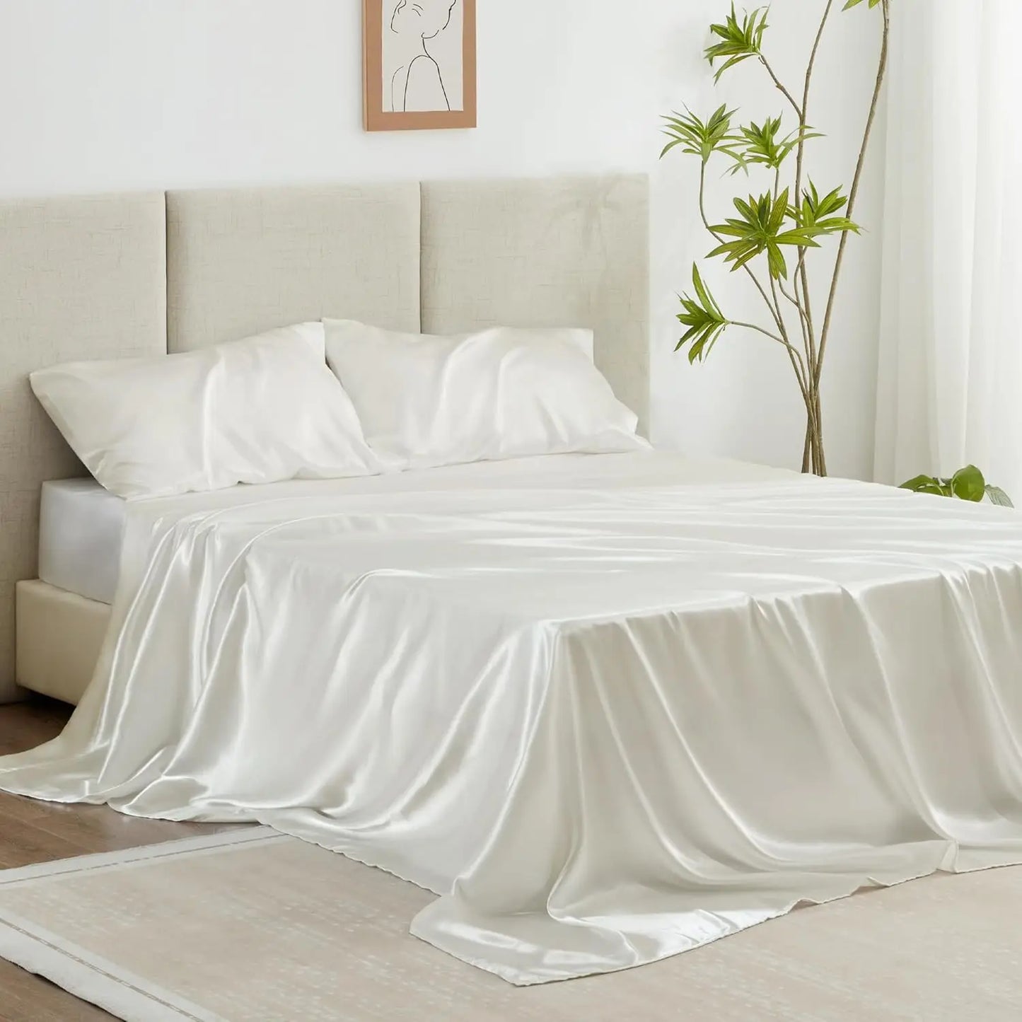Satin Queen Sheets Set 4 Piece White Silky Bed Sheets with Deep Pocket Luxury Silk Feel Satin Queen Size Sheet Set