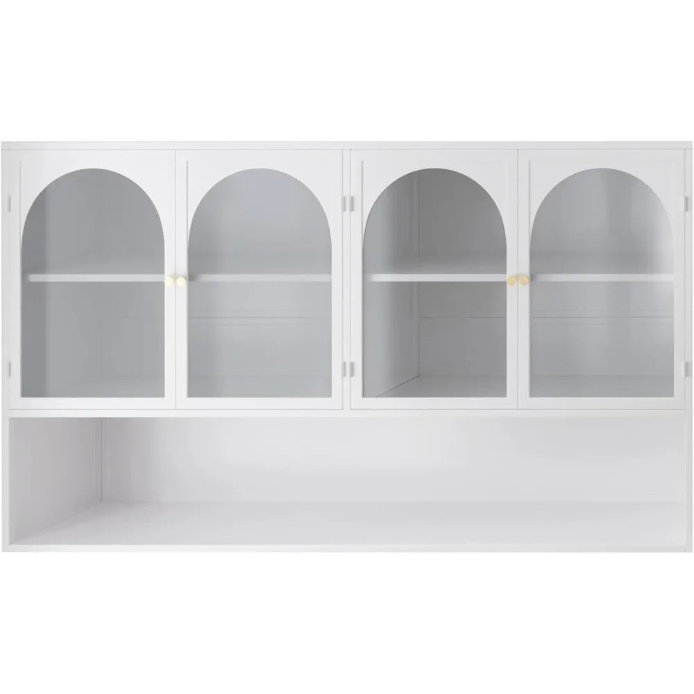 Large Kitchen Wall Storage Cabinet White Upper Cabinet Mounted Cabinet with Arched Glass Doors and Shelf for Kitchen and Living