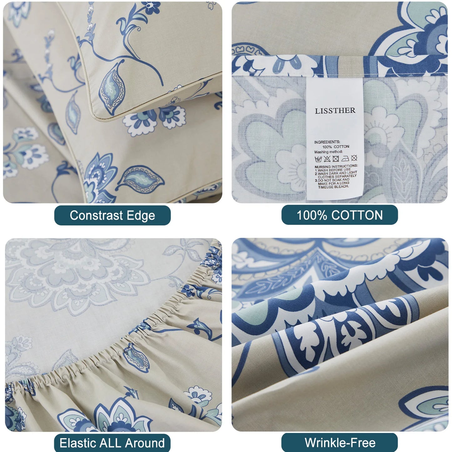 4 Pieces 600TC 100 Percent Egyptian Cotton Sheet Set Blue Boho Damask Paisley Floral Soft Skin Friendly