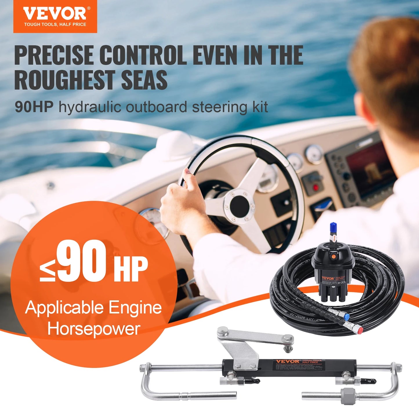 VEVOR Hydraulic Outboard Steering Kit 90HP/150HP/300HP with Helm Pump and 24FT/26Ft Hose for Single Station Single-Engine Boats