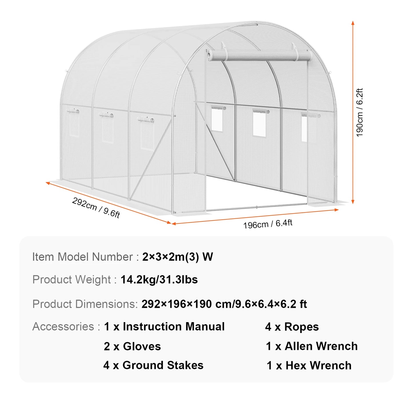 SucceBuy Walk In Tunnel Greenhouse Hoop House Steel Frame PE Cover Roll Up Zipper Door 345x195x192 cm