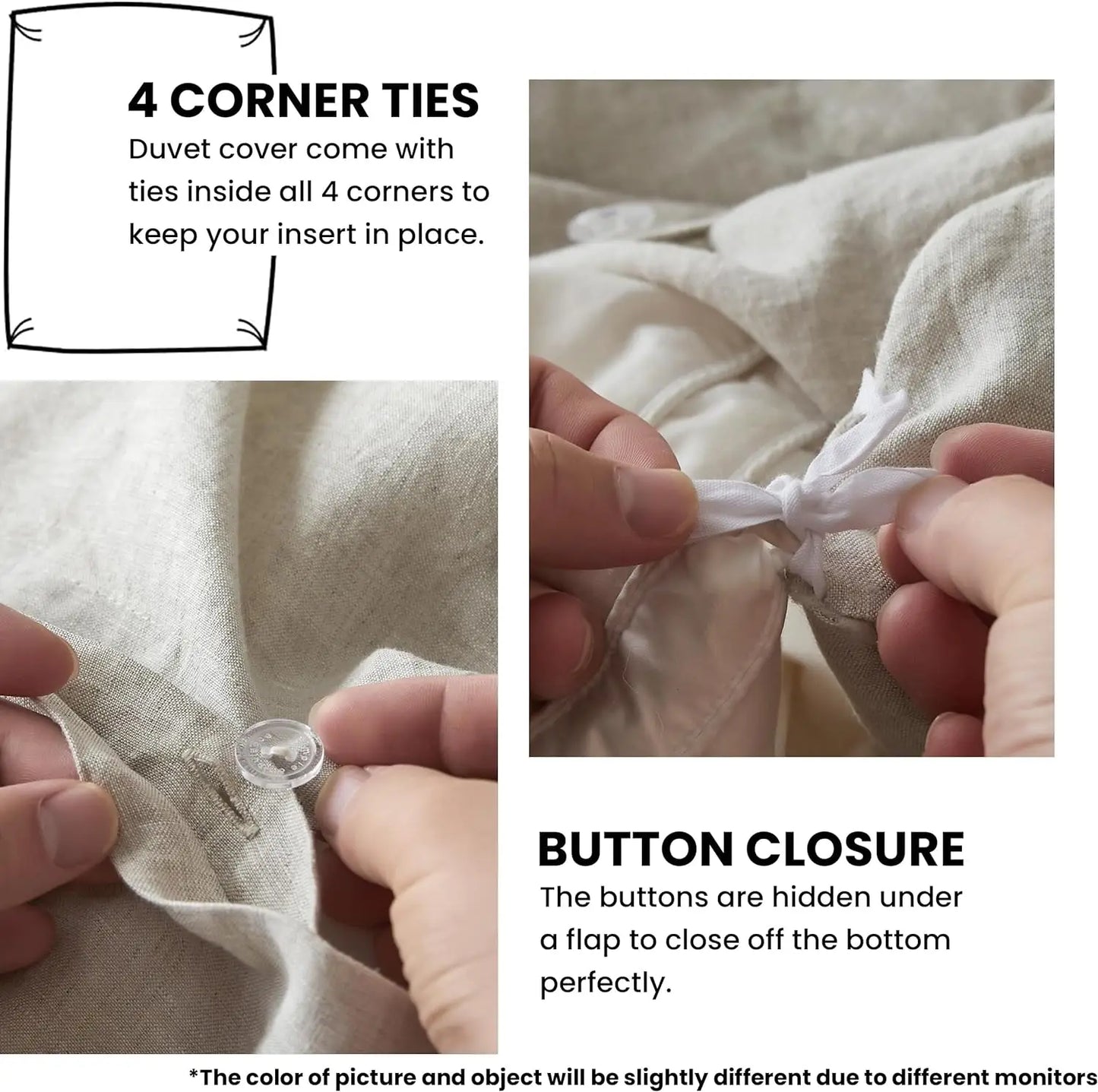 Simple Opulence 100 Percent Linen 3 Pieces Bedding Set with Crossed Embroidery Queen King Size Duvet Cover Bed Sheet Set Fitted Sheets