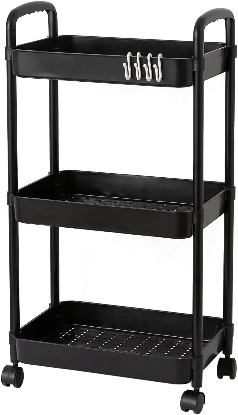 3 Tier Rolling Cart with Wheels and Handle for Office Living Room Laundry Room Kitchen Bathroom Black