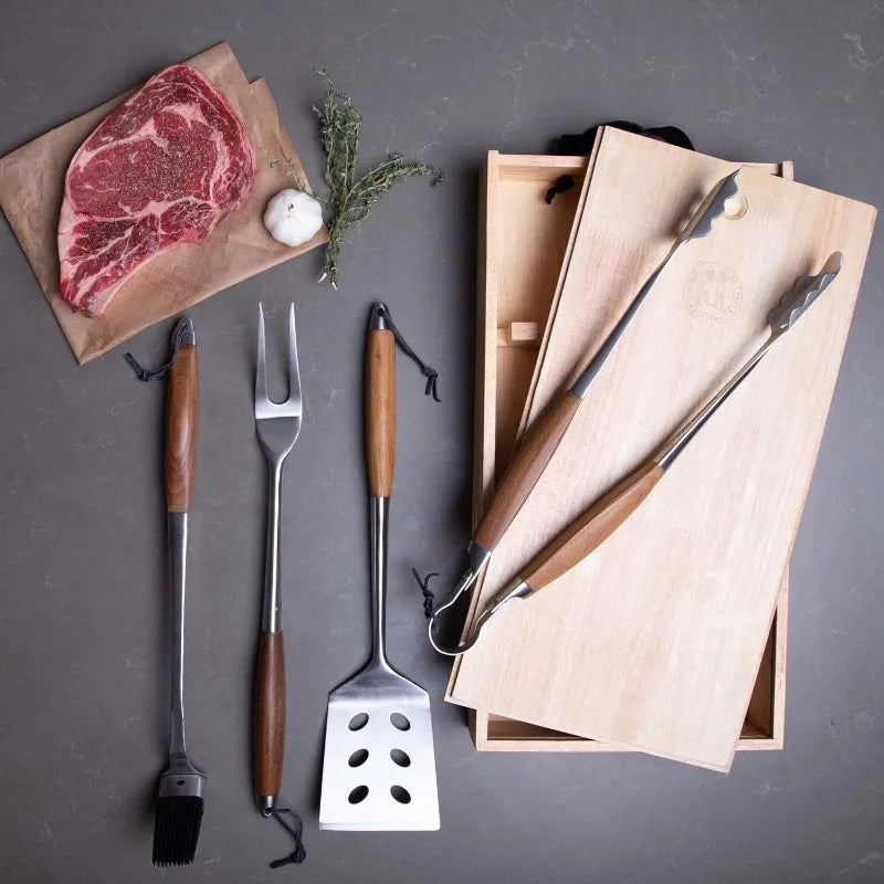 Schmidt Brothers BBQ Bonded Teak 4 Piece Grilling Accessory Set Full Forged Stainless Steel Grilling Utensils