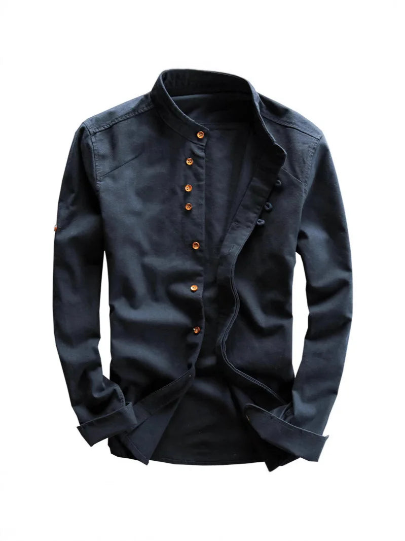 Casual Linen Men's Shirt Gentleman Style Stand Collar Spring New Arrival Wish Cotton Linen Shirt Comfortable Loose Fit Long S...
