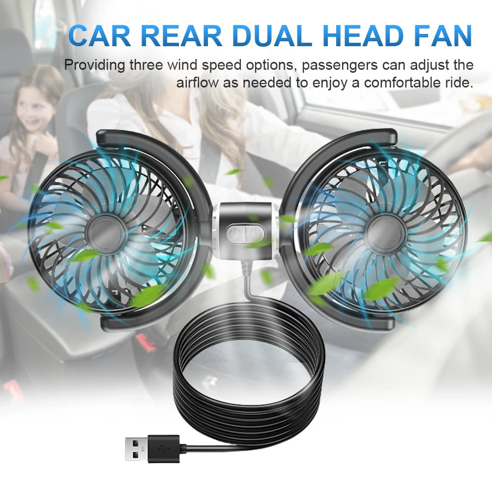 Dual Head Car Seat Back Cooling Fan 360 Degree Rotatable USB Brushless Automotive Fan for Car Home Accessories