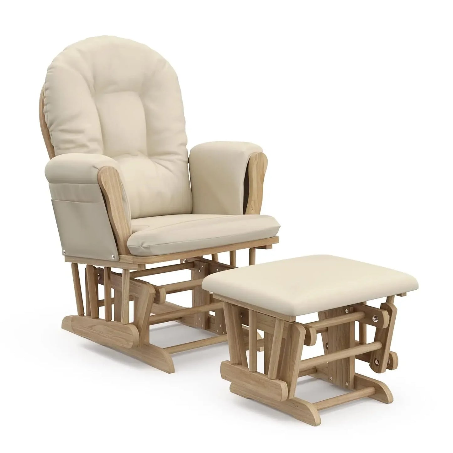 Premium Hoop Glider and Ottoman Natural Beige Padded Cushions with Storage Pocket Smooth Rocking Motion Easy to Assemble