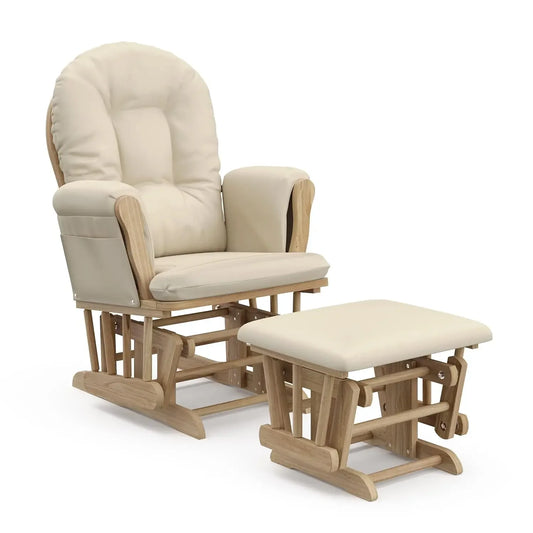 Premium Hoop Glider and Ottoman Natural Beige Padded Cushions with Storage Pocket Smooth Rocking Motion Easy to Assemble