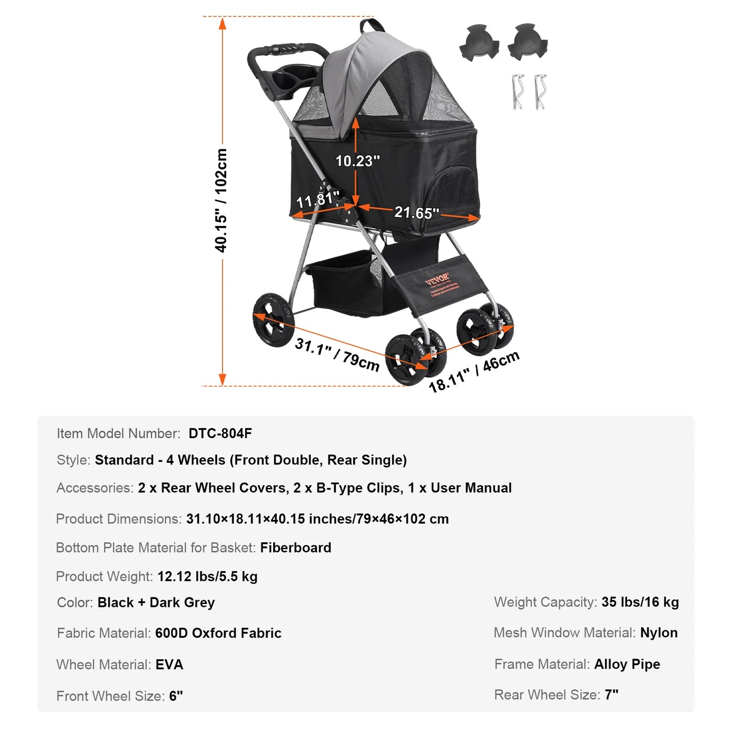 VEVOR Lightweight Pet Stroller Carrier for Dogs and Cats with Brakes Travel Friendly Design and Cup Holder
