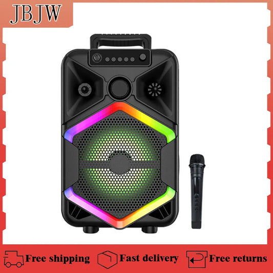 JBJW Karaoke Bluetooth Speaker 8 Inch Dynamics RGB Lights TWS HIFI Heavy Bass Wireless Microphone Subwoofer for Home and Outdoor