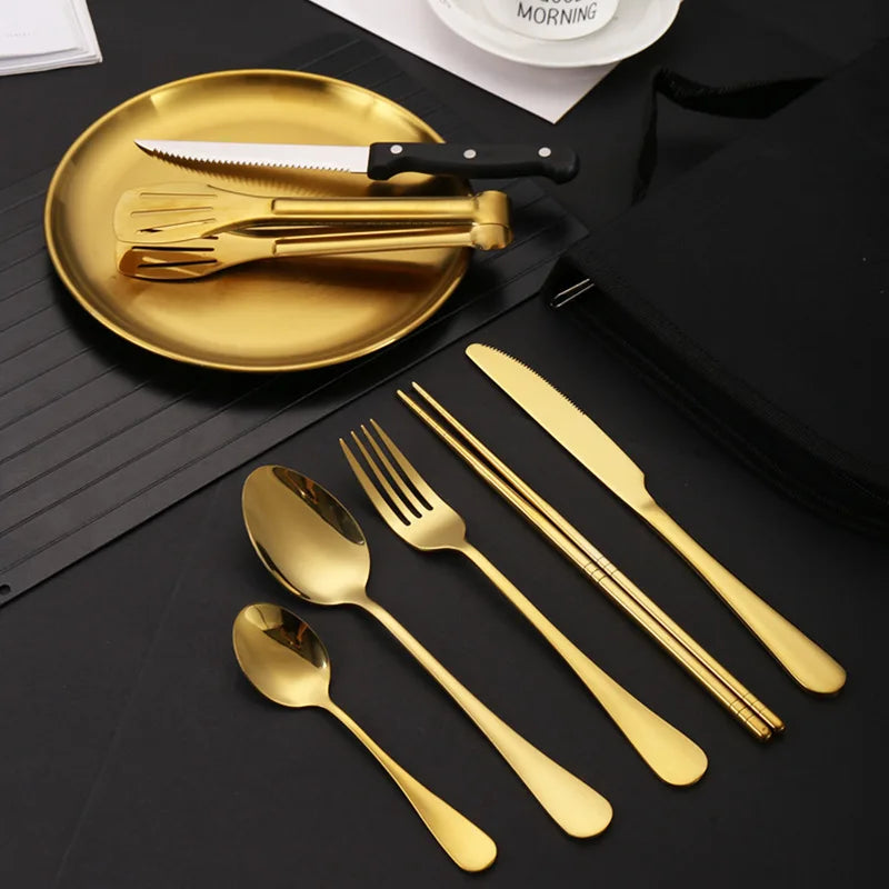 Outdoor Stainless Steel Cutlery Set Portable Travel Camping High End Barbecue Plate Food Clip Knife Fork Spoon