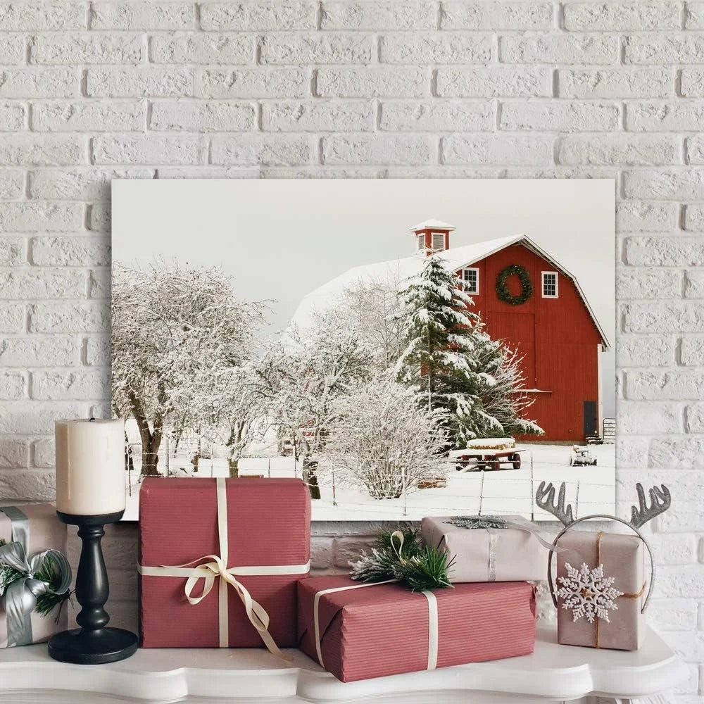 Canvas Wall Art Snow Covered Red Barn Modern Home Decor High Quality Prints Gallery Wrapped Easy Mounting Ideal Gift Made in USA