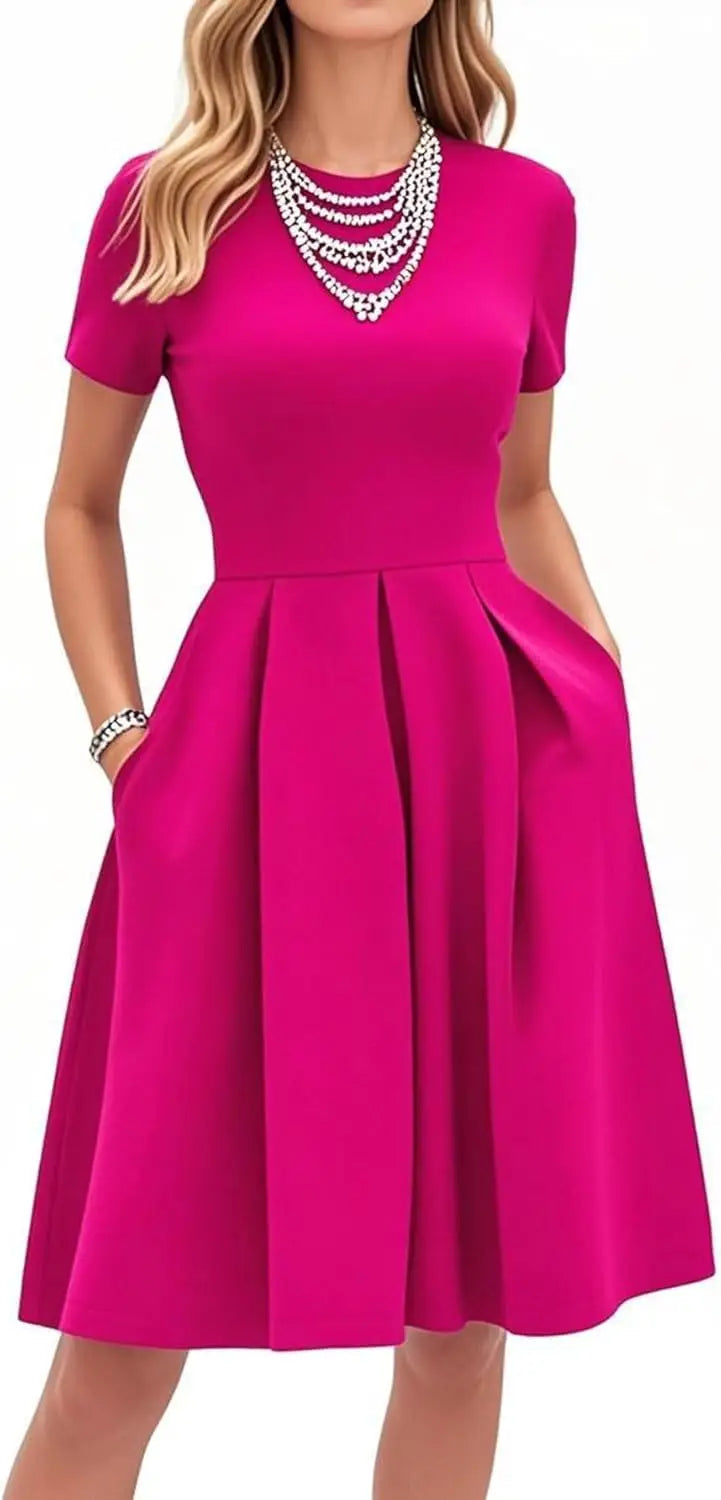 Red A-Line Short Sleeve Dress with Pockets for Women, Summer Party Church Bridesmaid Graduation Occasion