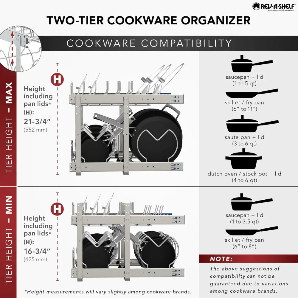 Rev A Shelf 2 Tier Kitchen Cabinet Pullout 20.75 Inch Organizer for Pots Pans and Lids Adjustable Heavy Duty Wire
