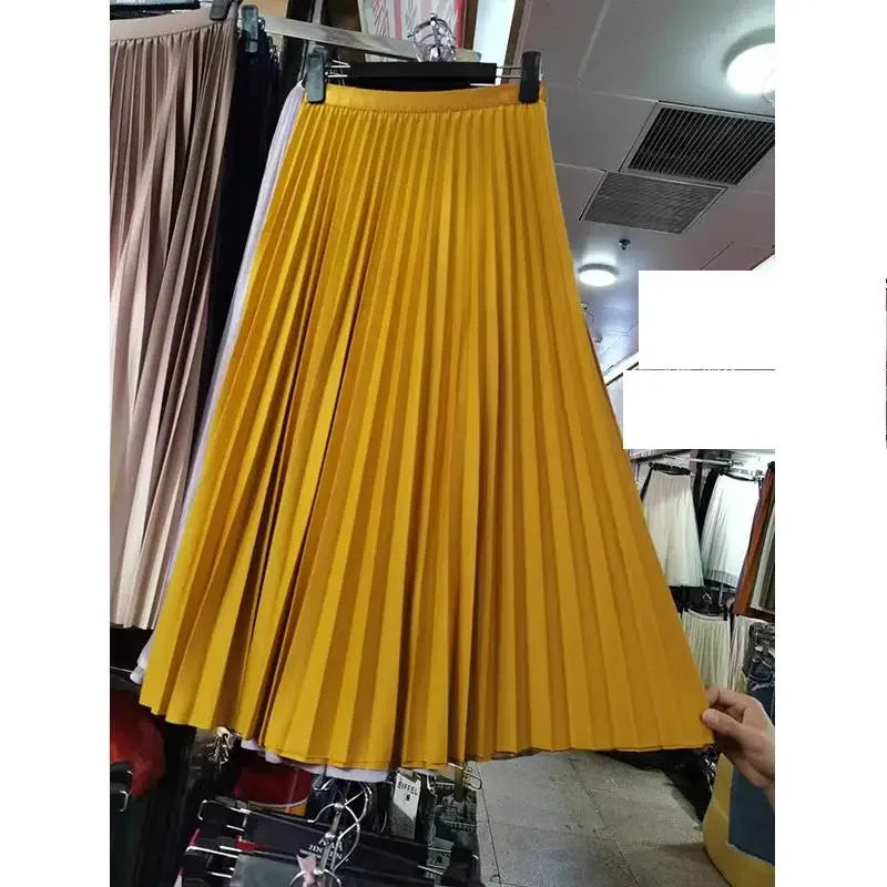 2025 Women Elegant Pleated Skirt High Waist Women Mid-long Skirt Female Ladies High Quality Women Midi Skirt Black Saia