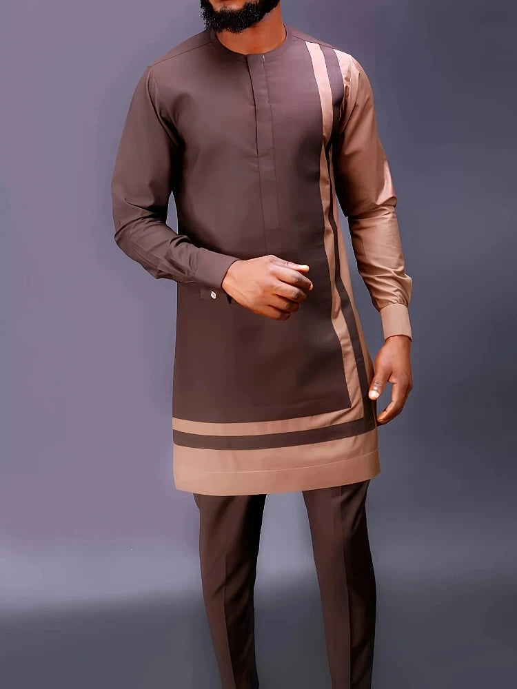 Men's Casual Long-Sleeved Two-Piece Set: Mid-Length Top and Trousers