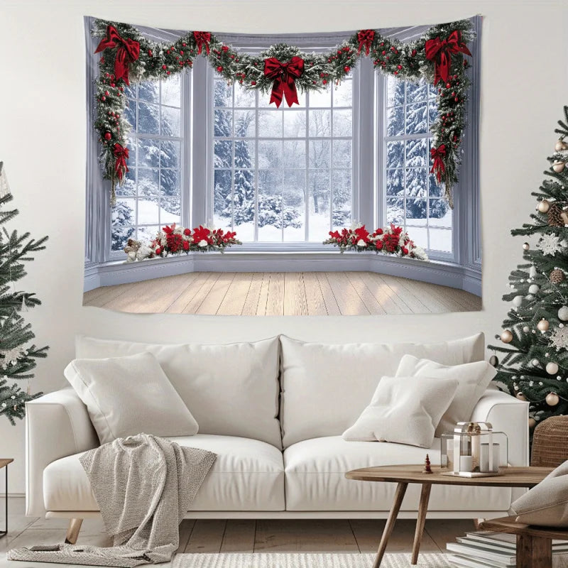 Snowy Winter Christmas Wall Tapestry - Scenic Holiday Backdrop, Easy Hang Polyester Decor for Living Room