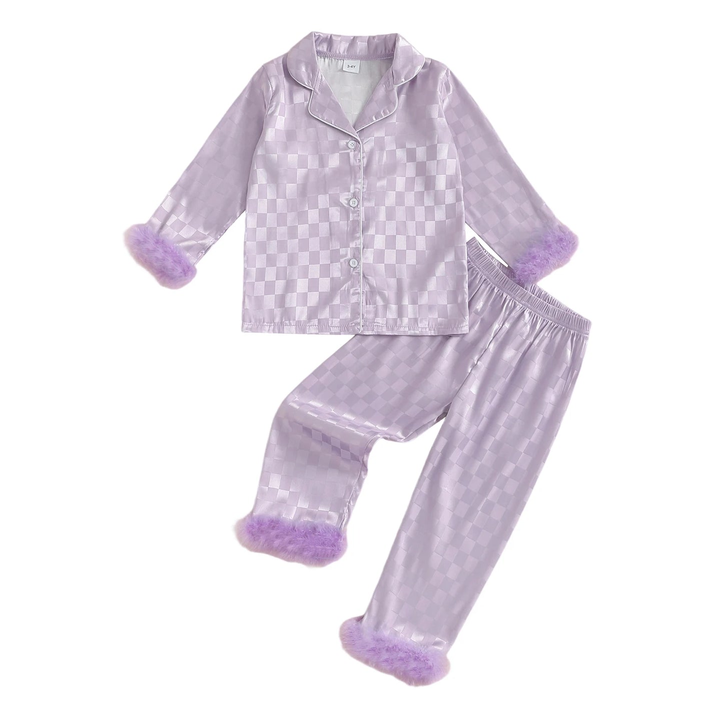 Adorable Infant Girls Checkered Pajama Outfits Stylishly Adorned with Faux Fur Lapel V-Neck Long Sleeve Blouses and Trousers
