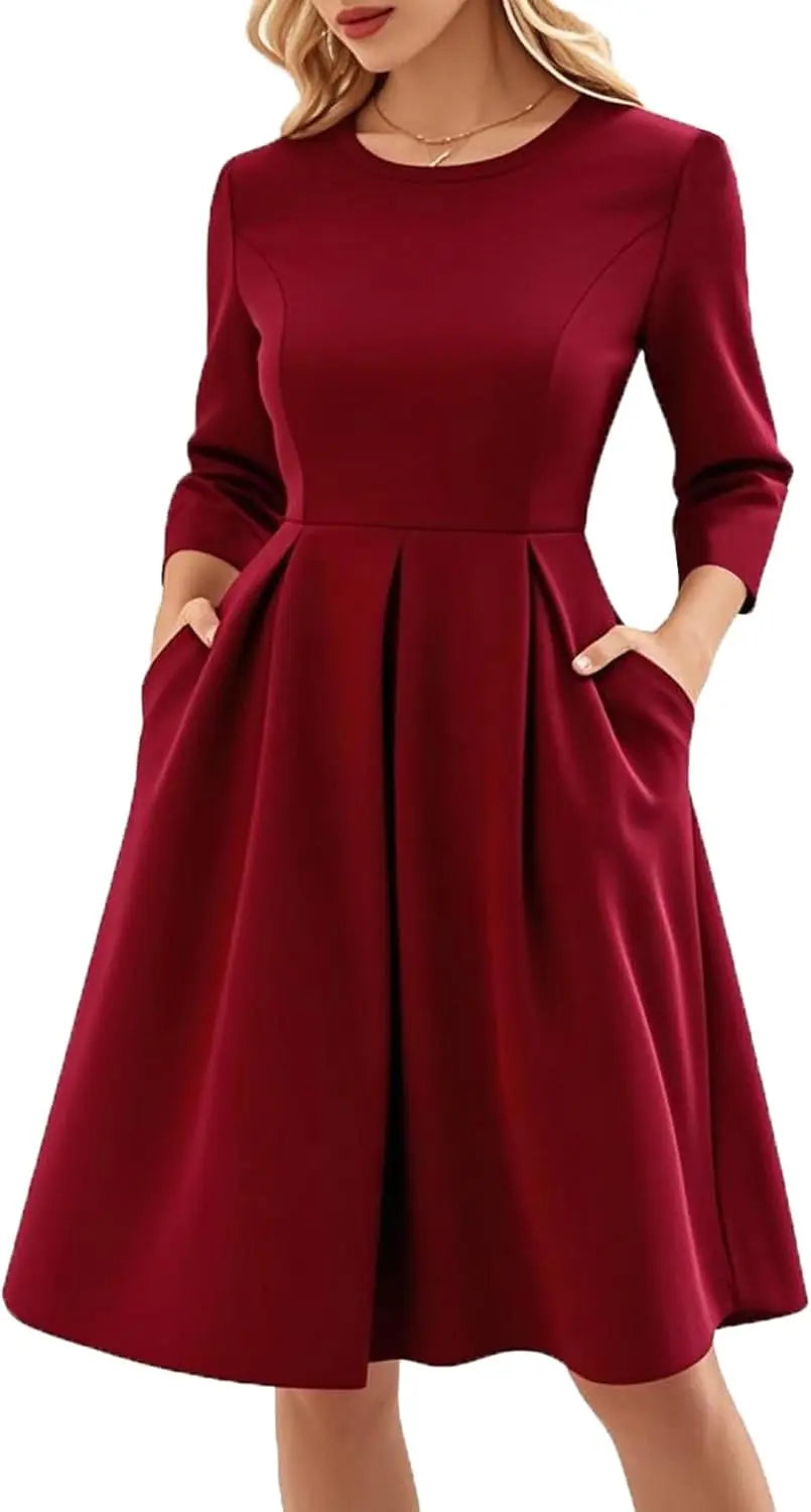 Red A-Line Short Sleeve Dress with Pockets for Women, Summer Party Church Bridesmaid Graduation Occasion