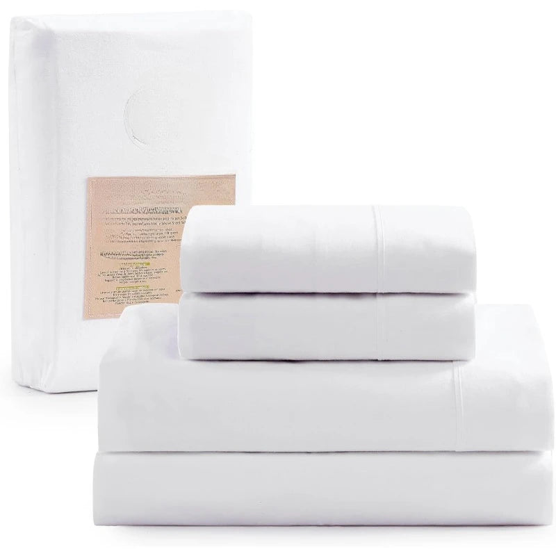 Organic Cotton Queen Sheet Set Four Piece Cotton Sheets Queen Size Bed Set Soft and Breathable Percale Weave White