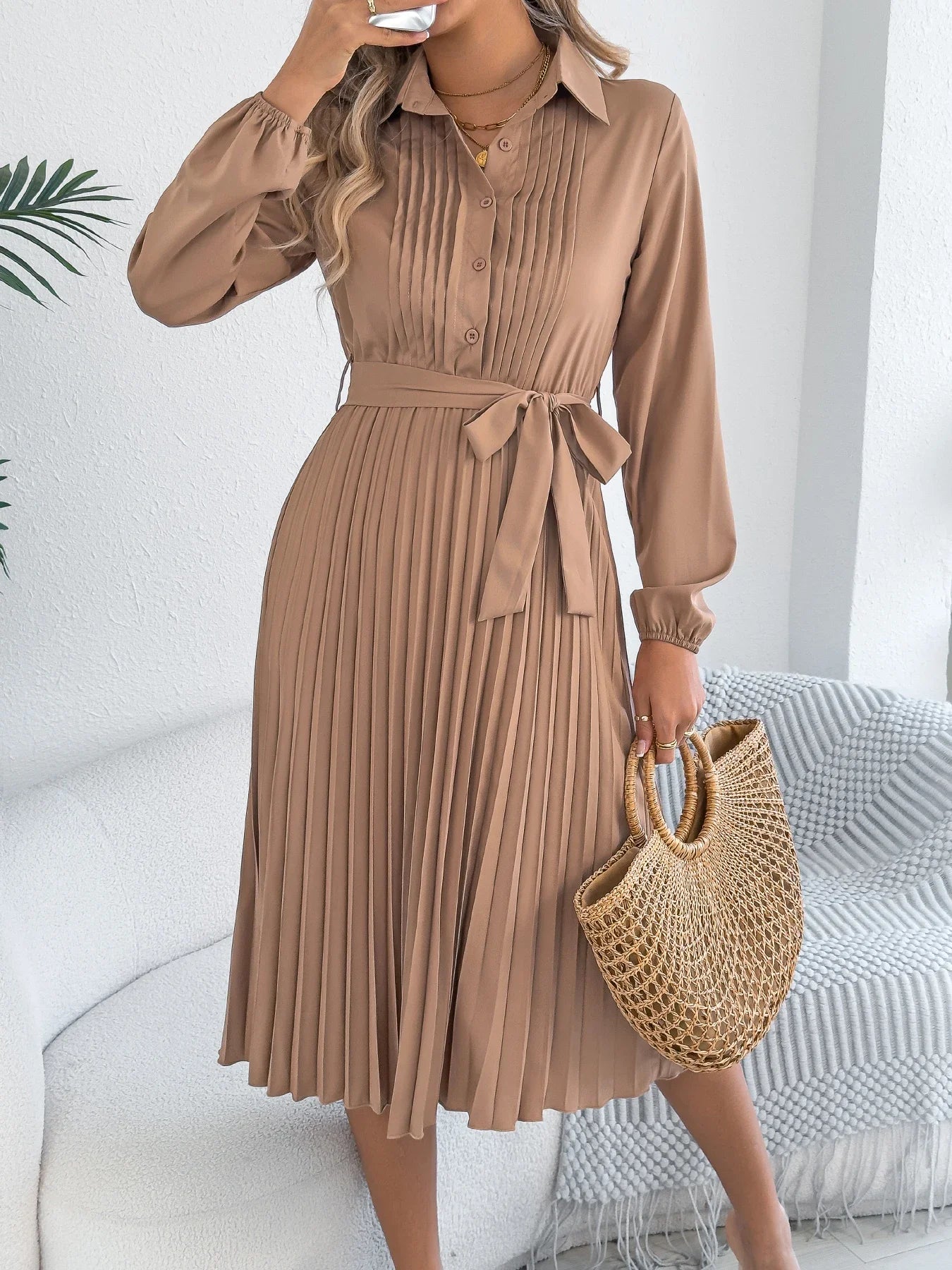 Elegant Maxi Dress for Autumn Winter Lapel Tie Waist Solid Color Long Sleeve Dresses Green Khaki Red Woman Clothing 2025