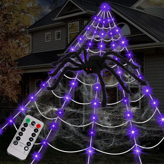 Spider Web Halloween Decorations Outdoor Lights with 125 Purple LED Lights and 8 Modes for Yard Decor