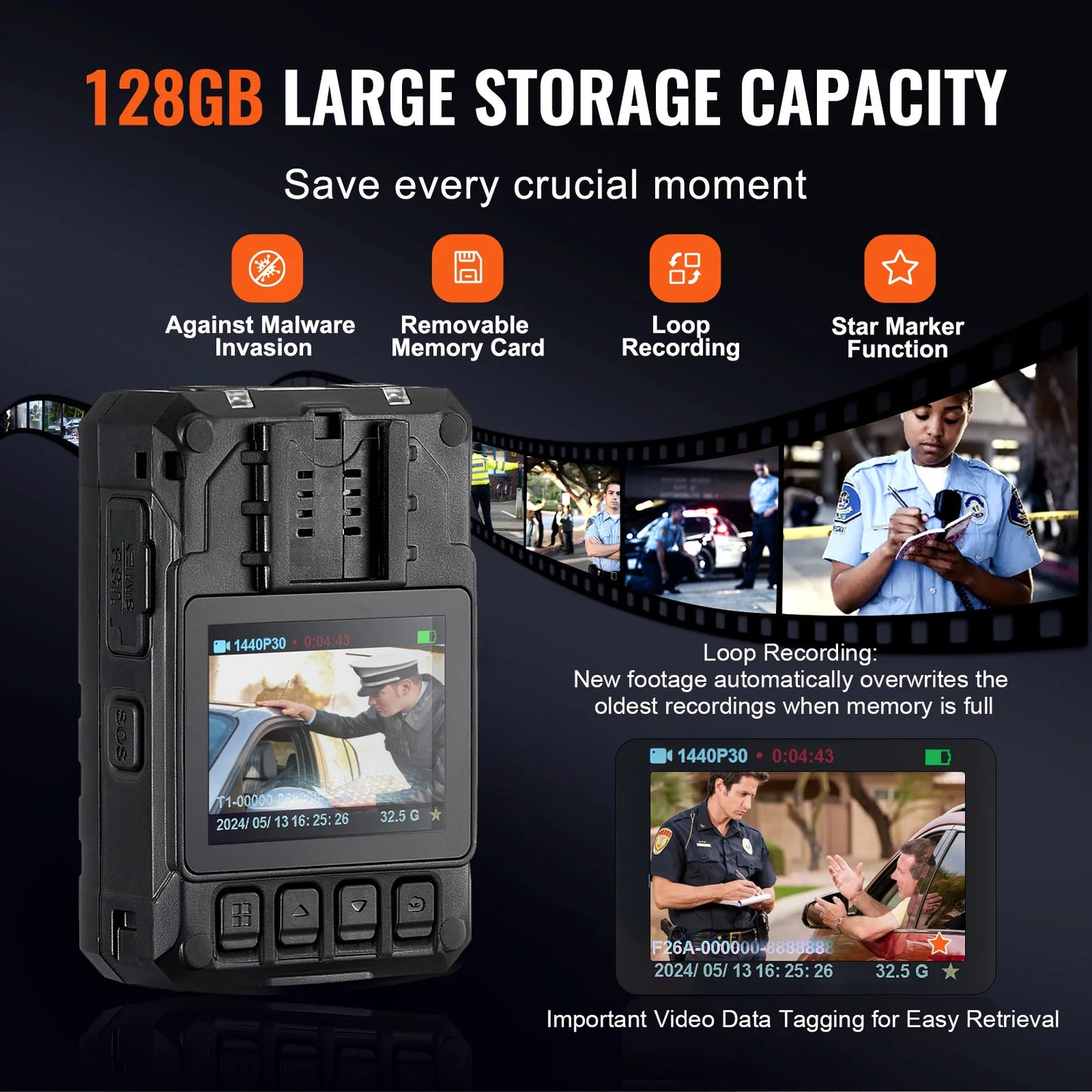 VEVOR 1440P HD Police Body Camera 128GB with Audio Video 2.0 Inch LCD Infrared Night Vision Waterproof GPS for Law Enforcement