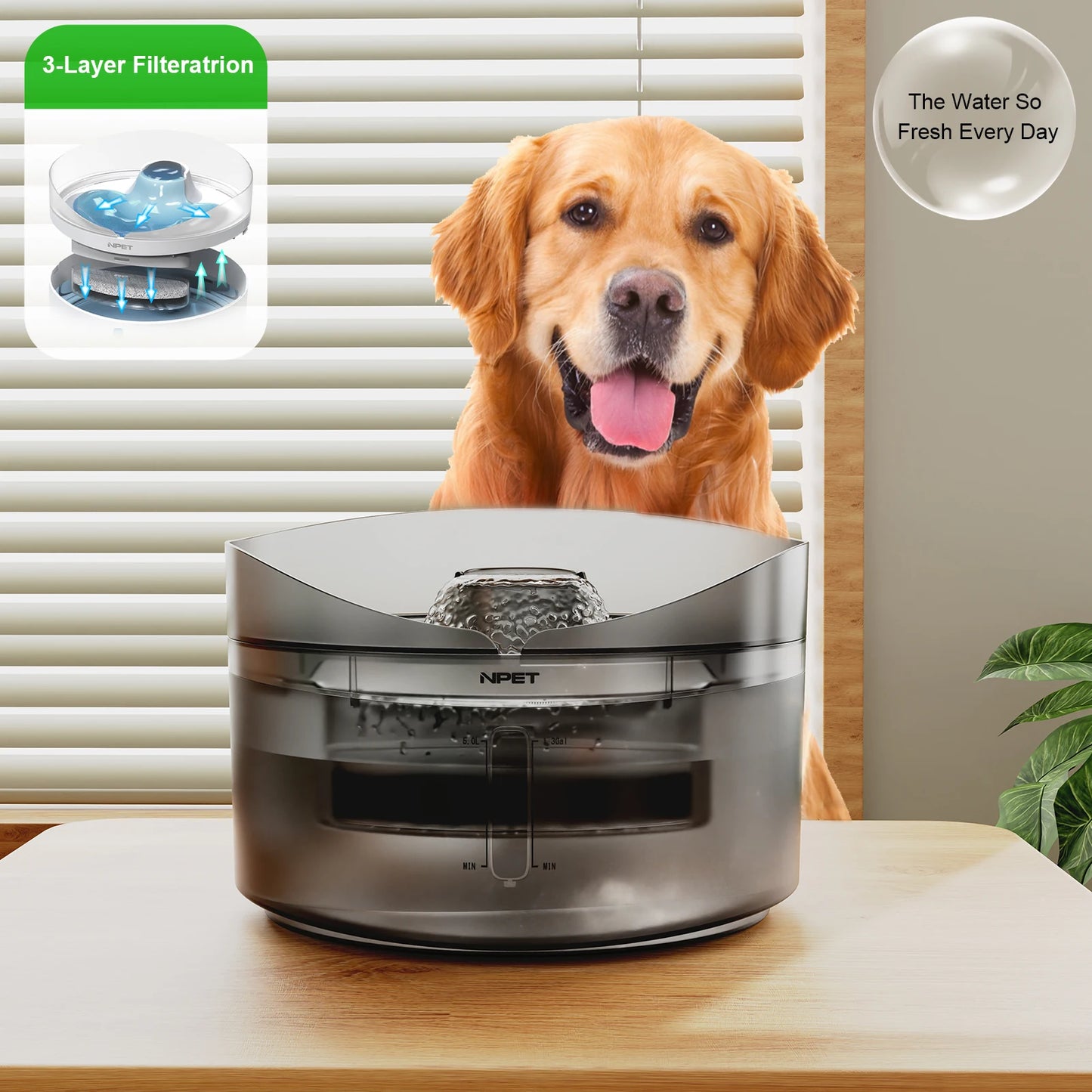 NPET 1.4gal Large Automatic Dog Water Fountain With Splatter Guard 3 Layer Filtration Suitable For Dogs Cats And Multiple Pets