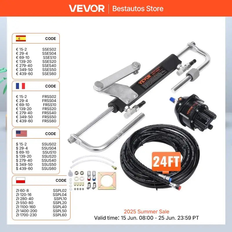 VEVOR Hydraulic Outboard Steering Kit 90HP/150HP/300HP with Helm Pump and 24FT/26Ft Hose for Single Station Single-Engine Boats