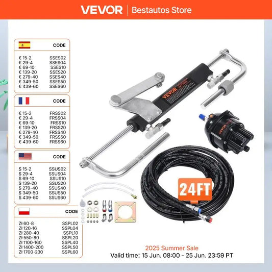 VEVOR Hydraulic Outboard Steering Kit 90HP/150HP/300HP with Helm Pump and 24FT/26Ft Hose for Single Station Single-Engine Boats
