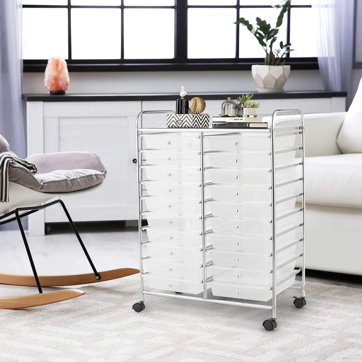20-Drawer Utility Cart on Wheels, Semi-Transparent Mobile Organizer for Office, School, Tools & Crafts