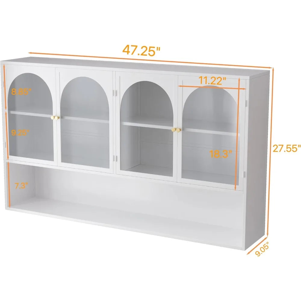 Large Kitchen Wall Storage Cabinet White Upper Cabinet Mounted Cabinet with Arched Glass Doors and Shelf for Kitchen and Living