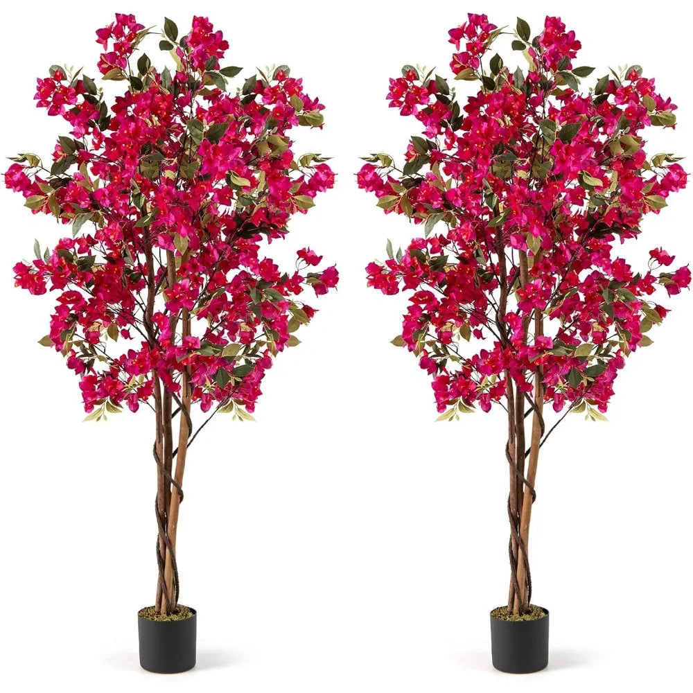 6-Foot Bougainvillea Artificial Trees, Set of 2 with 910 Flowers and 105 Leaves, Real Wood Trunk, Tall Faux Flower Trees in Pot
