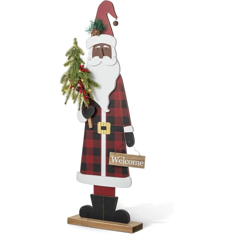 36''H Lighted Wooden Santa Claus Decor with Timer and LED Lights for Outdoor Porch Decoration During Christmas Season Featuring